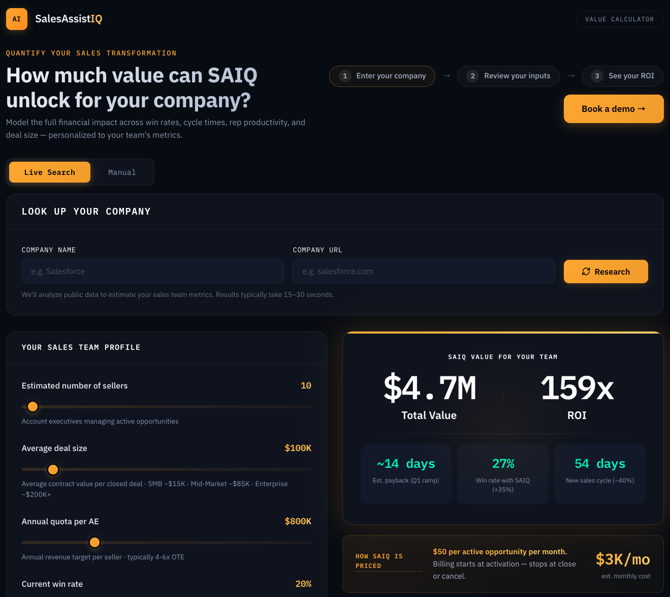 SAIQ Value Calculator showing ROI projections, win rate improvements, and sales cycle reduction